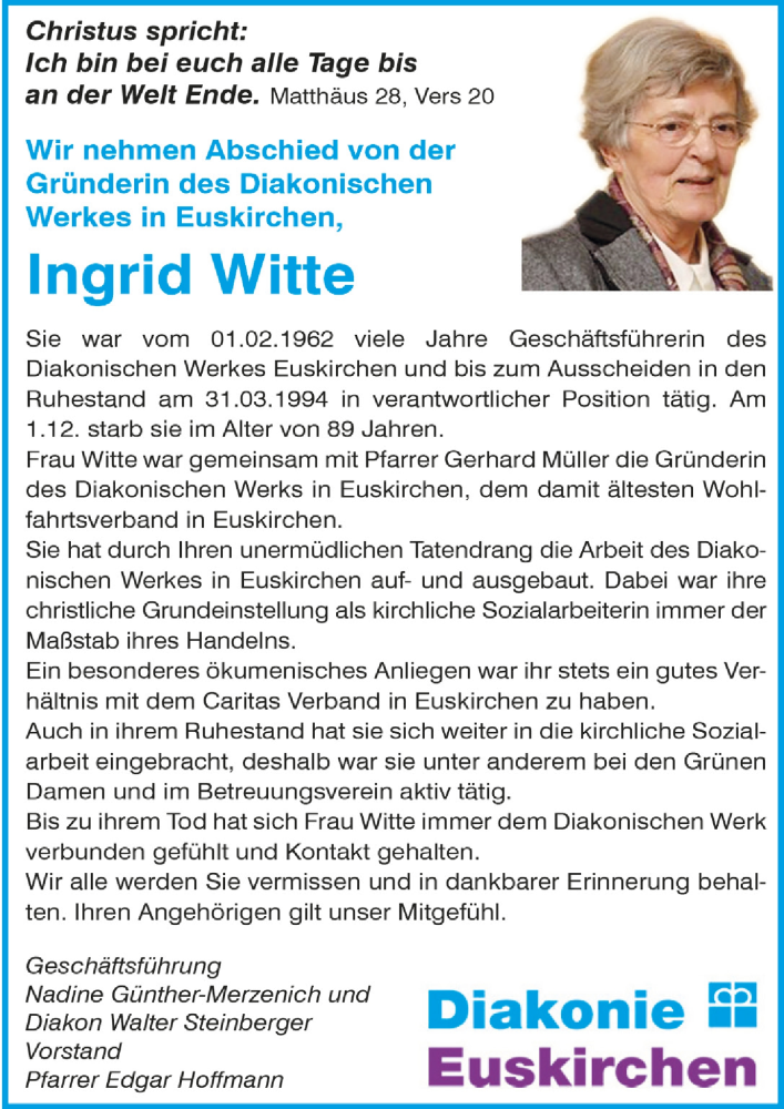  Traueranzeige für Ingrid Witte vom 27.12.2021 aus  Blickpunkt Euskirchen 
