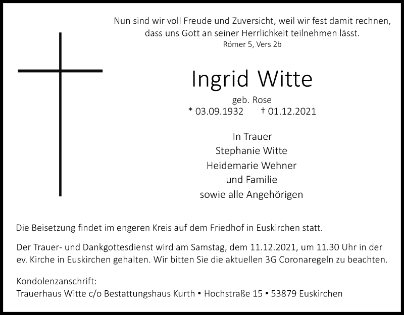  Traueranzeige für Ingrid Witte vom 08.12.2021 aus Kölner Stadt-Anzeiger / Kölnische Rundschau / Express