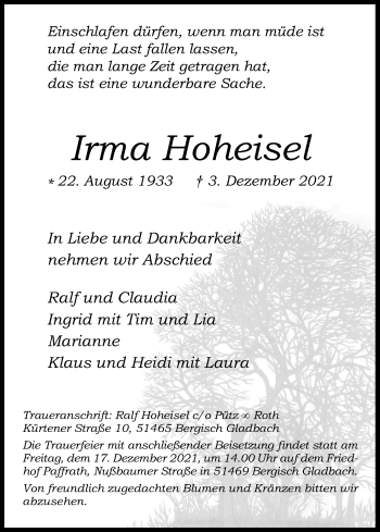 Anzeige von Irma Hoheisel von Kölner Stadt-Anzeiger / Kölnische Rundschau / Express