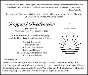 Anzeige von Irmgard Bredemeier von Kölner Stadt-Anzeiger / Kölnische Rundschau / Express