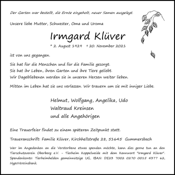 Anzeige von Irmgard Klüver von  Anzeigen Echo 