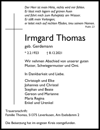 Anzeige von Irmgard Thomas von Kölner Stadt-Anzeiger / Kölnische Rundschau / Express