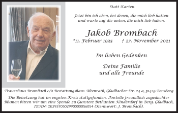 Anzeige von Jakob Brombach von Kölner Stadt-Anzeiger / Kölnische Rundschau / Express