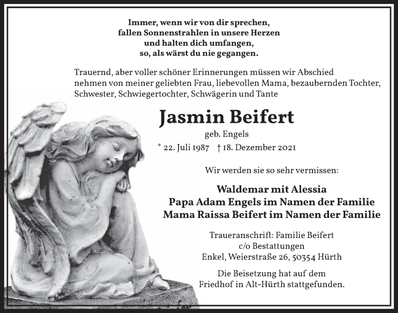  Traueranzeige für Jasmin Beifert vom 27.12.2021 aus  Wochenende 