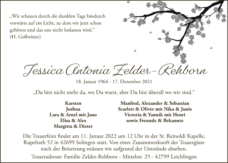  Traueranzeige für Jessica Antonia Zelder-Rehborn vom 01.01.2022 aus  Lokale Informationen 