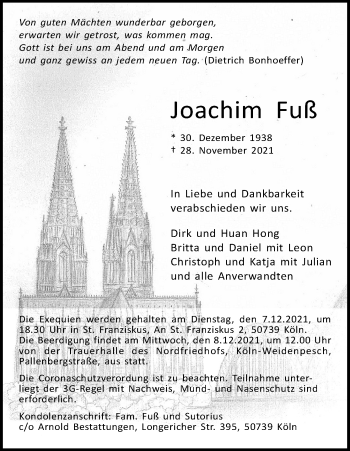 Anzeige von Joachim Fuß von Kölner Stadt-Anzeiger / Kölnische Rundschau / Express
