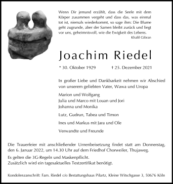 Anzeige von Joachim Riedel von Kölner Stadt-Anzeiger / Kölnische Rundschau / Express