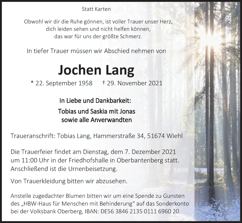  Traueranzeige für Jochen Lang vom 02.12.2021 aus Kölner Stadt-Anzeiger / Kölnische Rundschau / Express