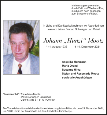 Anzeige von Johann Mootz von  Bergisches Handelsblatt 