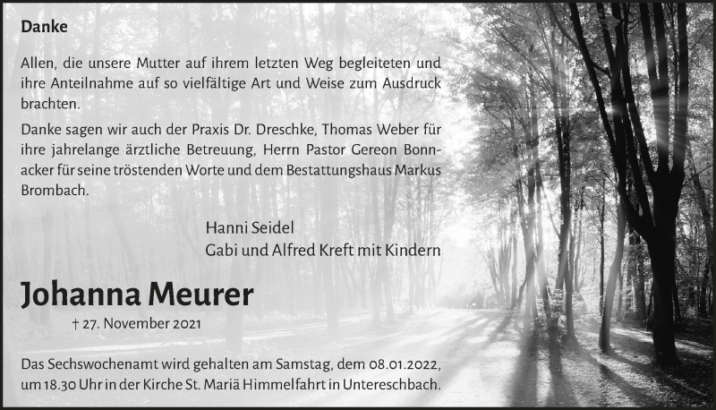  Traueranzeige für Johanna Meurer vom 01.01.2022 aus  Bergisches Handelsblatt 