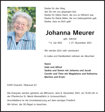 Anzeige von Johanna Meurer von Kölner Stadt-Anzeiger / Kölnische Rundschau / Express