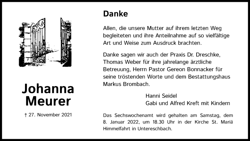  Traueranzeige für Johanna Meurer vom 31.12.2021 aus Kölner Stadt-Anzeiger / Kölnische Rundschau / Express