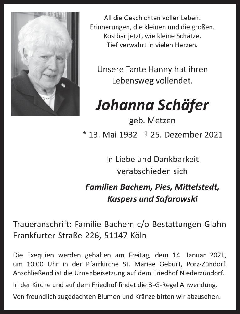  Traueranzeige für Johanna Schäfer vom 01.01.2022 aus  Kölner Wochenspiegel 