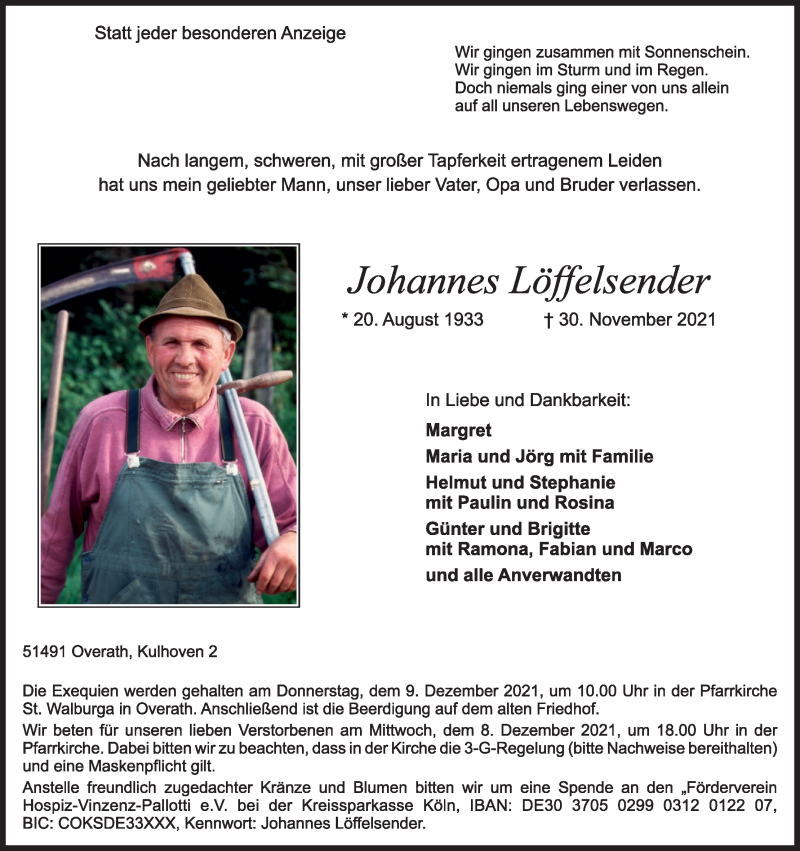  Traueranzeige für Johannes Löffelsender vom 04.12.2021 aus Kölner Stadt-Anzeiger / Kölnische Rundschau / Express