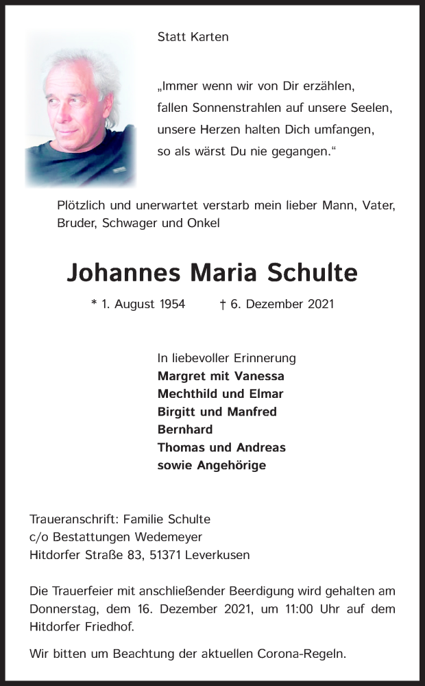  Traueranzeige für Johannes Maria Schulte vom 11.12.2021 aus Kölner Stadt-Anzeiger / Kölnische Rundschau / Express
