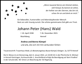Anzeige von Johann Peter  Wald von Kölner Stadt-Anzeiger / Kölnische Rundschau / Express
