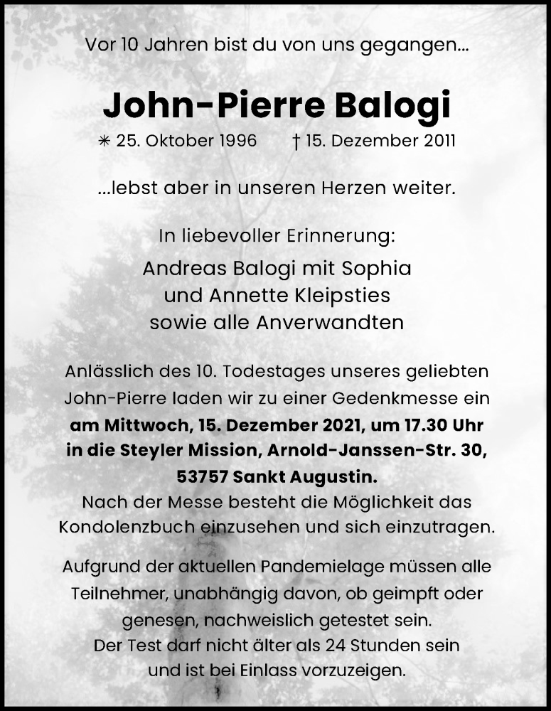  Traueranzeige für John-Pierre Balogi vom 04.12.2021 aus Kölner Stadt-Anzeiger / Kölnische Rundschau / Express