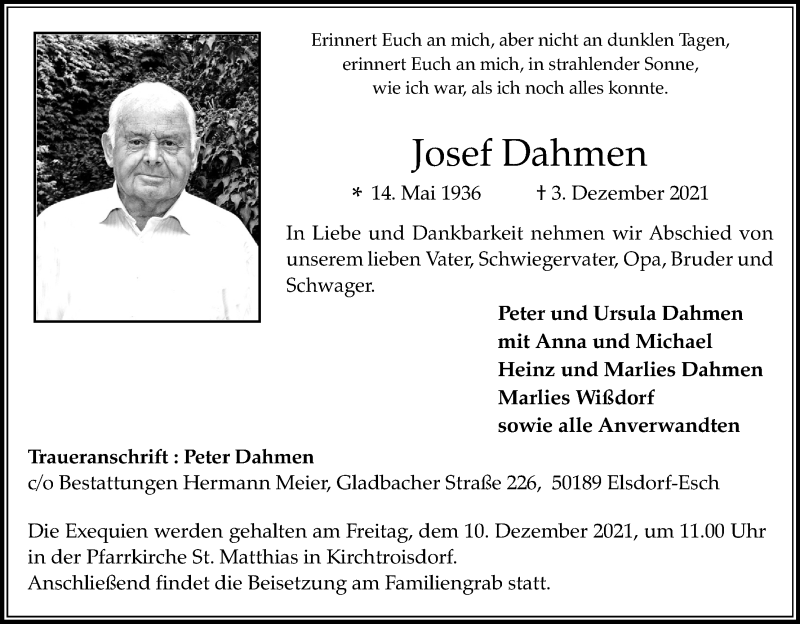  Traueranzeige für Josef Dahmen vom 08.12.2021 aus Kölner Stadt-Anzeiger / Kölnische Rundschau / Express