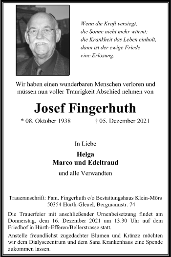 Anzeige von Josef Fingerhuth von Kölner Stadt-Anzeiger / Kölnische Rundschau / Express