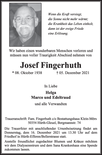 Anzeige von Josef Fingerhuth von  Wochenende 