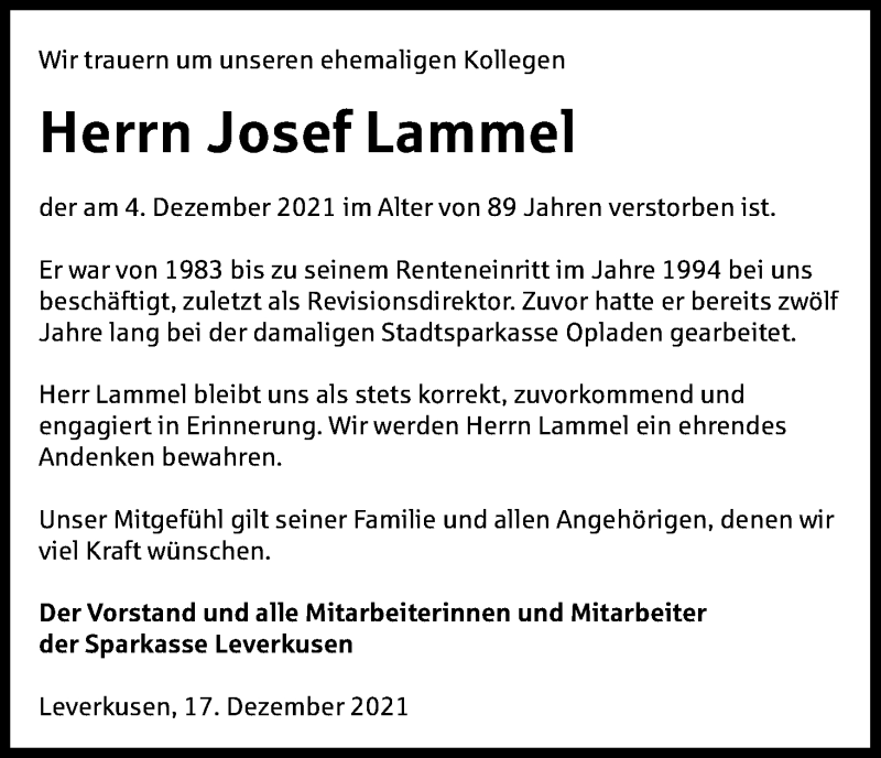  Traueranzeige für Josef Lammel vom 17.12.2021 aus Kölner Stadt-Anzeiger / Kölnische Rundschau / Express
