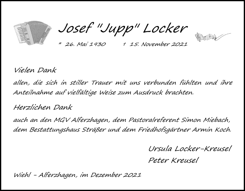  Traueranzeige für Josef  Locker vom 29.12.2021 aus Kölner Stadt-Anzeiger / Kölnische Rundschau / Express