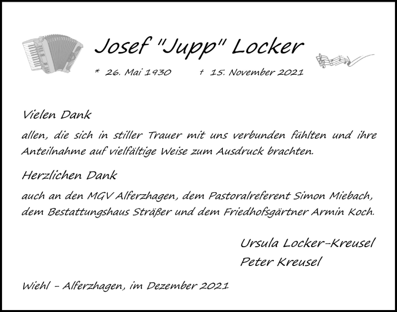  Traueranzeige für Josef  Locker vom 27.12.2021 aus  Anzeigen Echo 