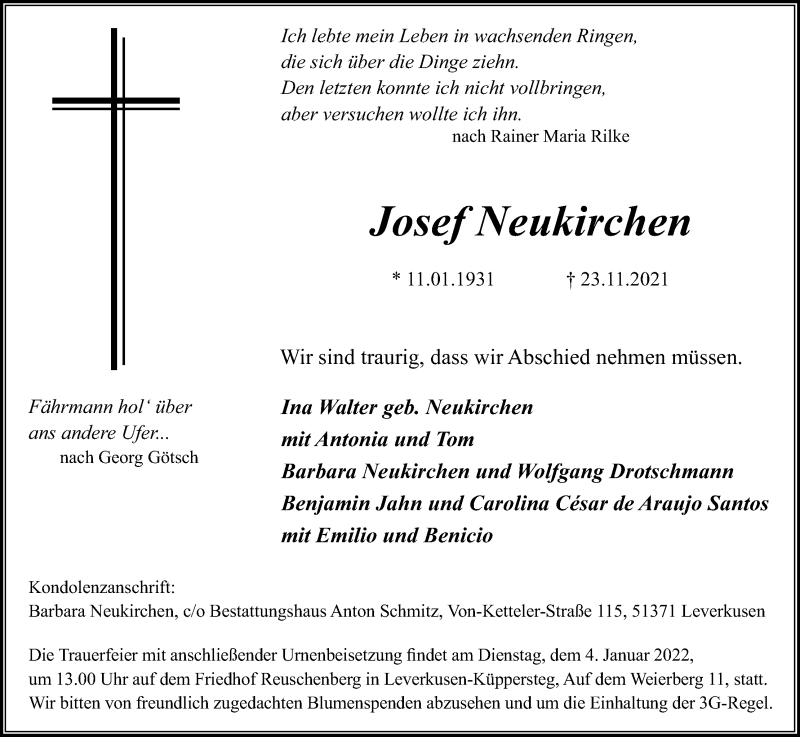  Traueranzeige für Josef Neukirchen vom 18.12.2021 aus Kölner Stadt-Anzeiger / Kölnische Rundschau / Express