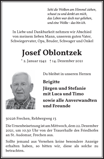 Anzeige von Josef Oblontzek von  Wochenende 