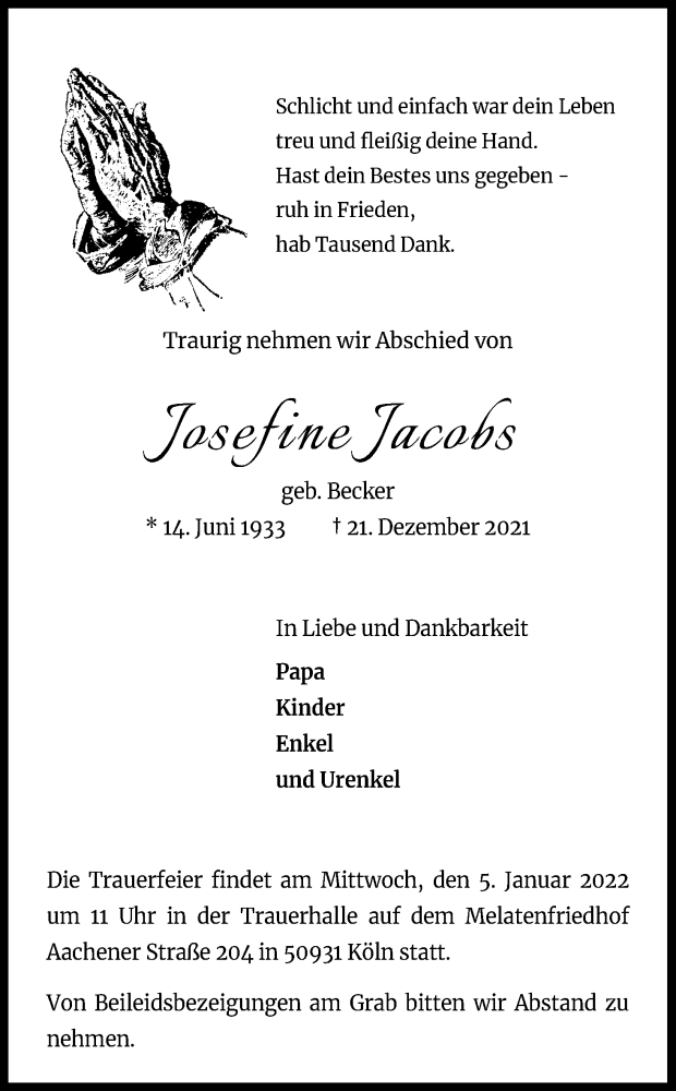  Traueranzeige für Josefine Jacobs vom 31.12.2021 aus Kölner Stadt-Anzeiger / Kölnische Rundschau / Express