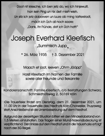 Anzeige von Joseph Everhard Kleefisch von Kölner Stadt-Anzeiger / Kölnische Rundschau / Express