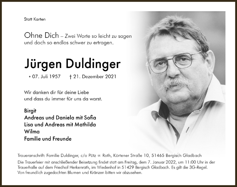  Traueranzeige für Jürgen Duldinger vom 01.01.2022 aus  Bergisches Handelsblatt 