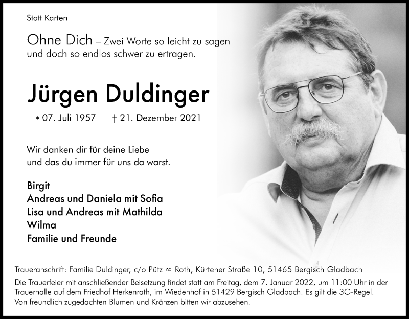  Traueranzeige für Jürgen Duldinger vom 31.12.2021 aus Kölner Stadt-Anzeiger / Kölnische Rundschau / Express