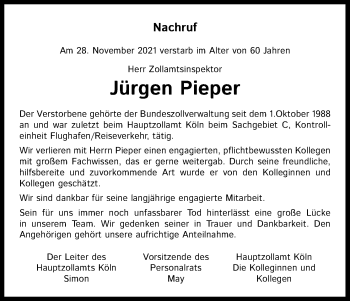 Anzeige von Jürgen Pieper von Kölner Stadt-Anzeiger / Kölnische Rundschau / Express