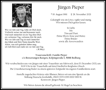 Anzeige von Jürgen Pieper von Kölner Stadt-Anzeiger / Kölnische Rundschau / Express