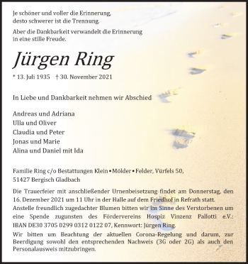 Anzeige von Jürgen Ring von Kölner Stadt-Anzeiger / Kölnische Rundschau / Express