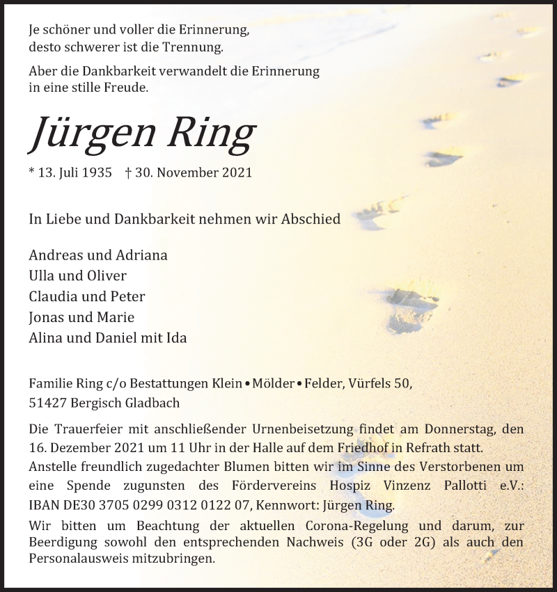  Traueranzeige für Jürgen Ring vom 04.12.2021 aus Kölner Stadt-Anzeiger / Kölnische Rundschau / Express