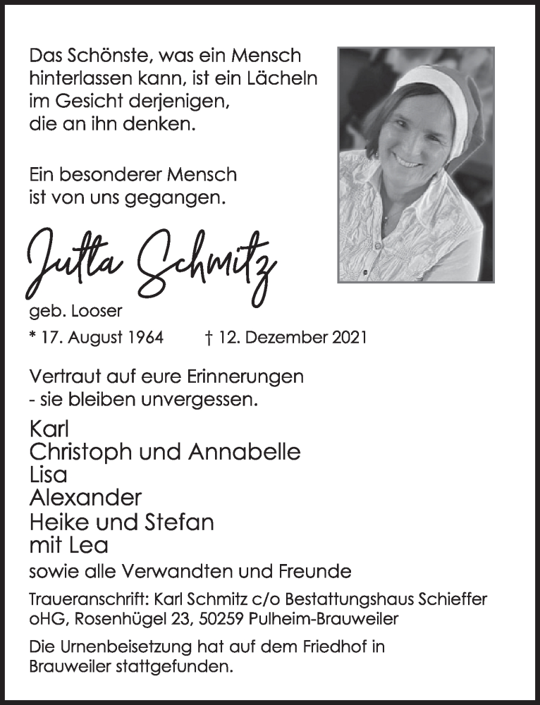  Traueranzeige für Jutta Schmitz vom 27.12.2021 aus  Wochenende 