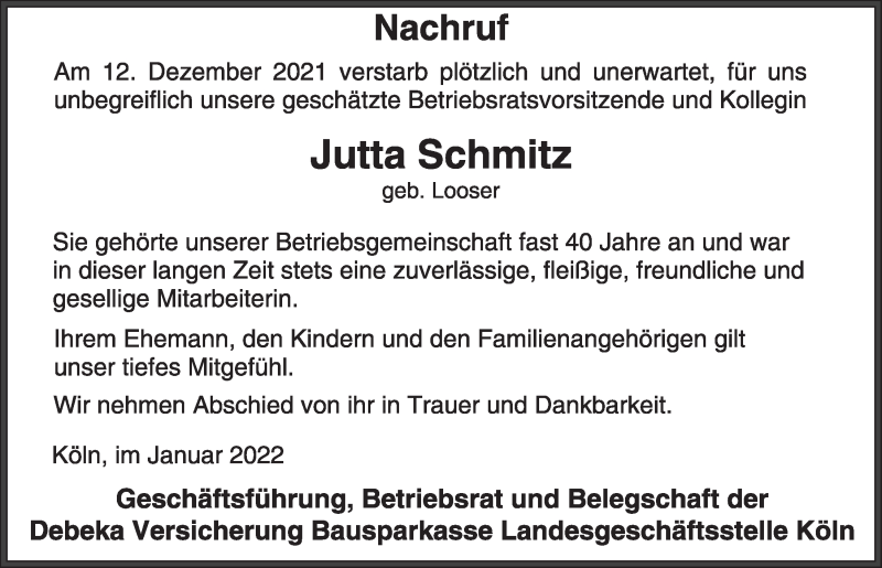 Traueranzeige für Jutta Schmitz vom 01.01.2022 aus  Wochenende 