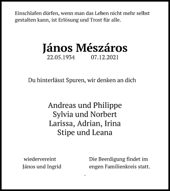 Anzeige von János Mészáros von Kölner Stadt-Anzeiger / Kölnische Rundschau / Express