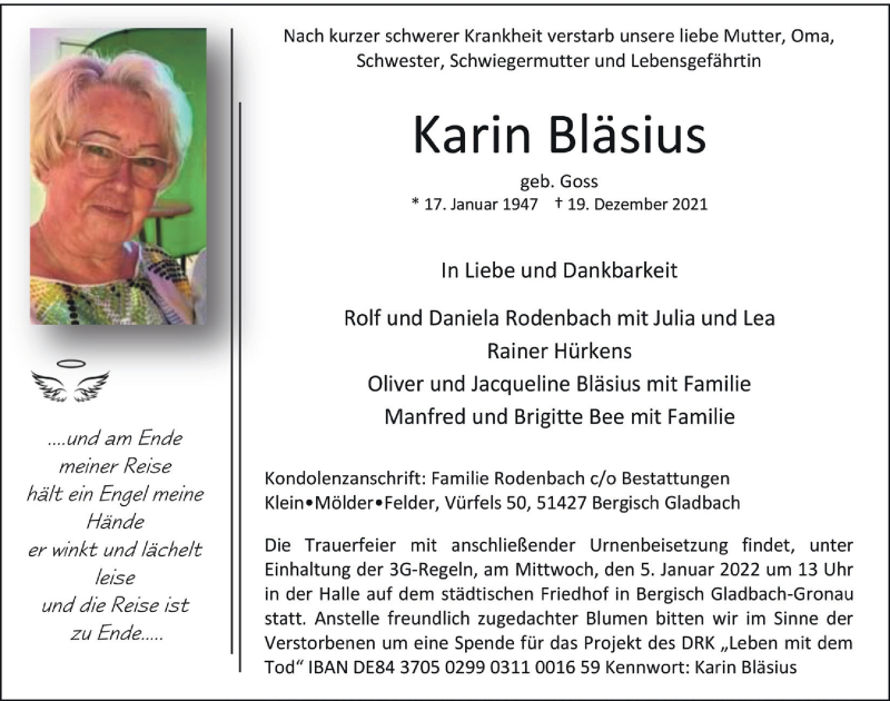  Traueranzeige für Karin Bläsius vom 01.01.2022 aus  Bergisches Handelsblatt 
