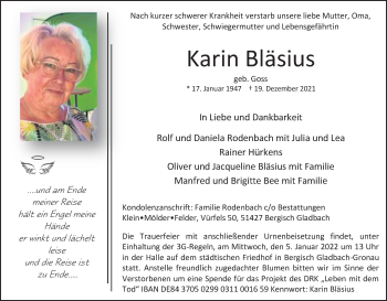 Anzeige von Karin Bläsius von Kölner Stadt-Anzeiger / Kölnische Rundschau / Express
