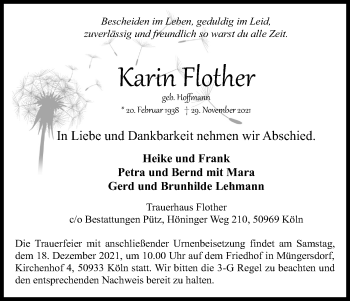 Anzeige von Karin Flother von Kölner Stadt-Anzeiger / Kölnische Rundschau / Express