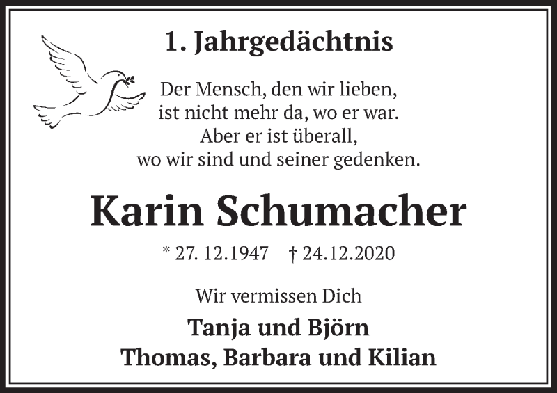  Traueranzeige für Karin Schumacher vom 27.12.2021 aus  Werbepost 