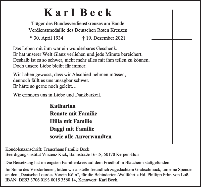  Traueranzeige für Karl Beck vom 01.01.2022 aus  Werbepost 