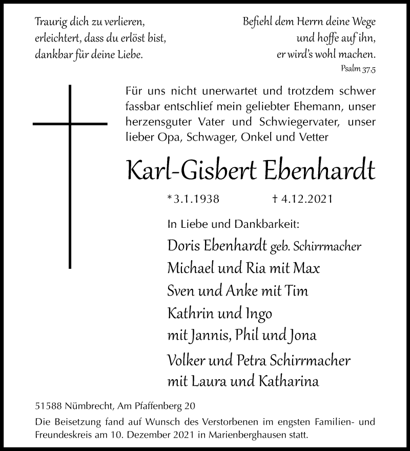  Traueranzeige für Karl-Gisbert Ebenhardt vom 11.12.2021 aus Kölner Stadt-Anzeiger / Kölnische Rundschau / Express