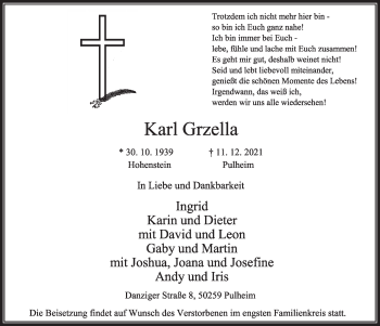 Anzeige von Karl Grzella von  Wochenende 