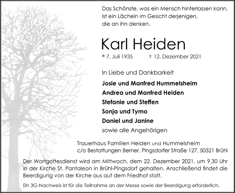  Traueranzeige für Karl Heiden vom 17.12.2021 aus  Schlossbote/Werbekurier 