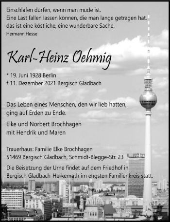 Anzeige von Karl-Heinz Oehmig von  Bergisches Handelsblatt 