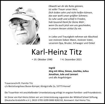 Anzeige von Karl-Heinz Titz von Kölner Stadt-Anzeiger / Kölnische Rundschau / Express